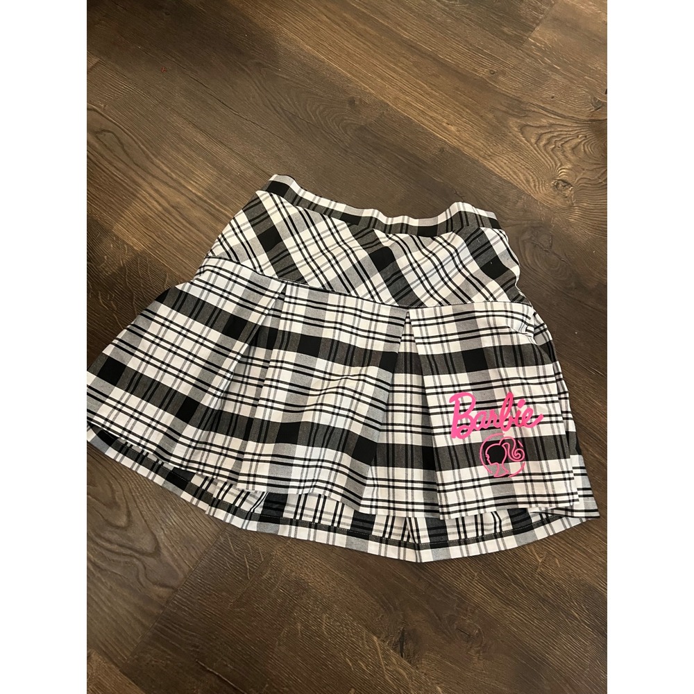 Barbie Girls Plaid Pleated Mini Skirt Black White Pink Logo XL 14-16 Mattel
